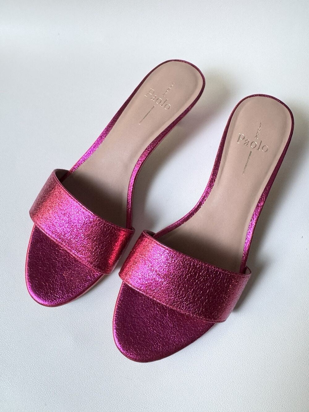 Hot Pink Kitten Heel Sandals Women’s 7 Metallic Leather Linea Paolo